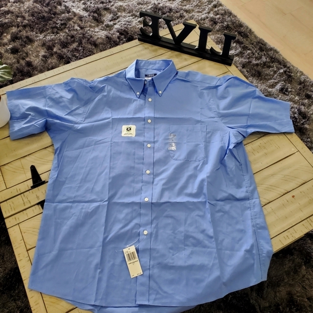 New Izod blue button down shirt short sleeve regular fit size 17‎